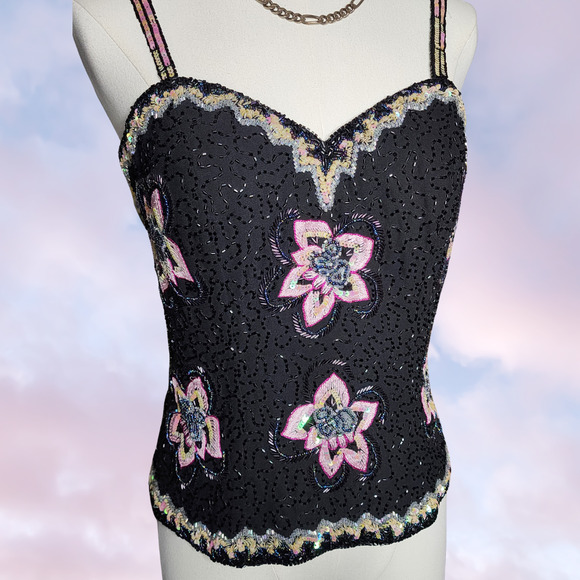 Vtg Y2k Beaded Fairy Formal Floral Black Pink Spaghetti Strap Corset Tank Top - Picture 3 of 9